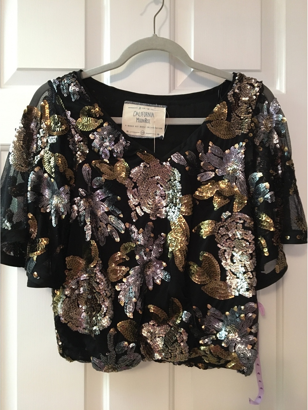 California Moonrise Black Sequin Floral Mesh Top NWOT